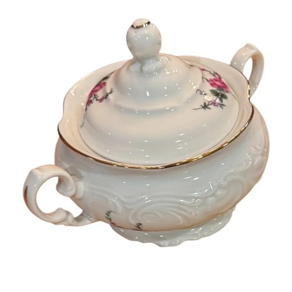 Wawel Vintage Porcelain Floral Sugar Bowl with Lid Gold Trim Pink Roses Embossed